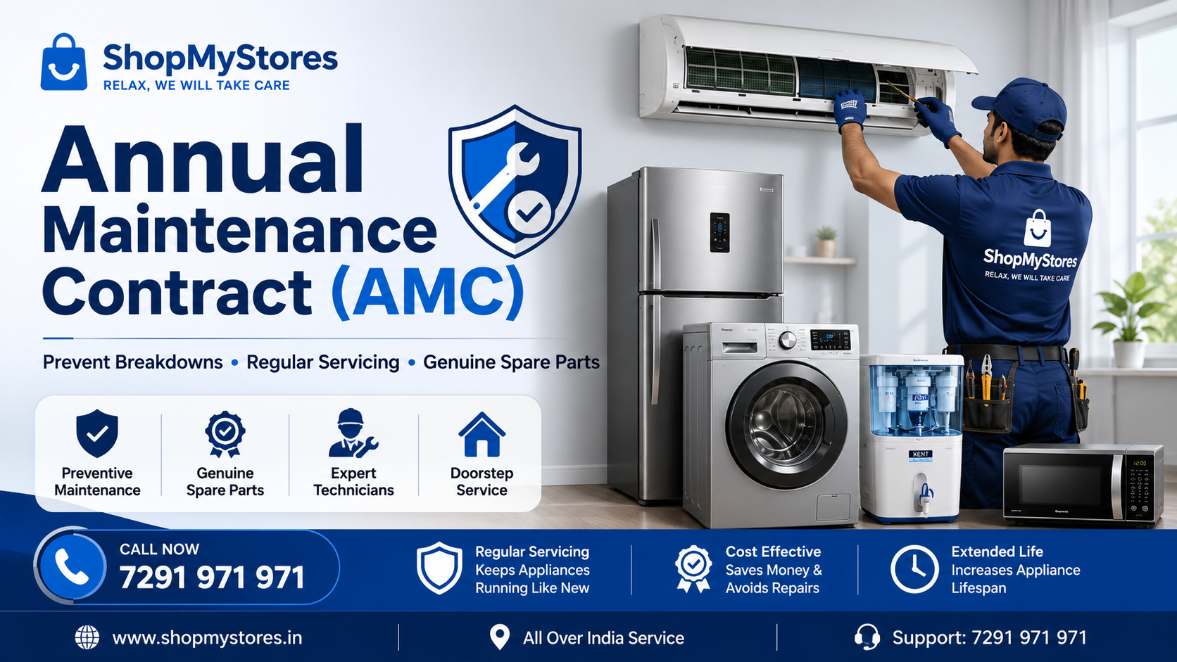 Annual Maintenance Contract (AMC) service for AC, refrigerator, washing machine, microwave and water purifier by ShopMyStores expert technicians.